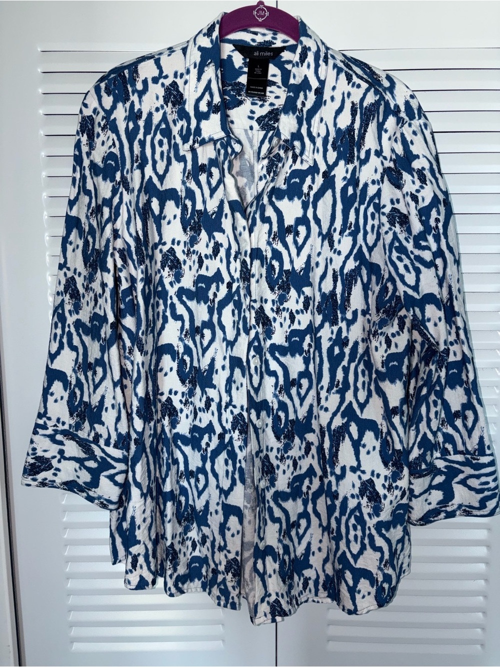 Ali Miles Blue and White Abstract Print Button-Down Shirt Large